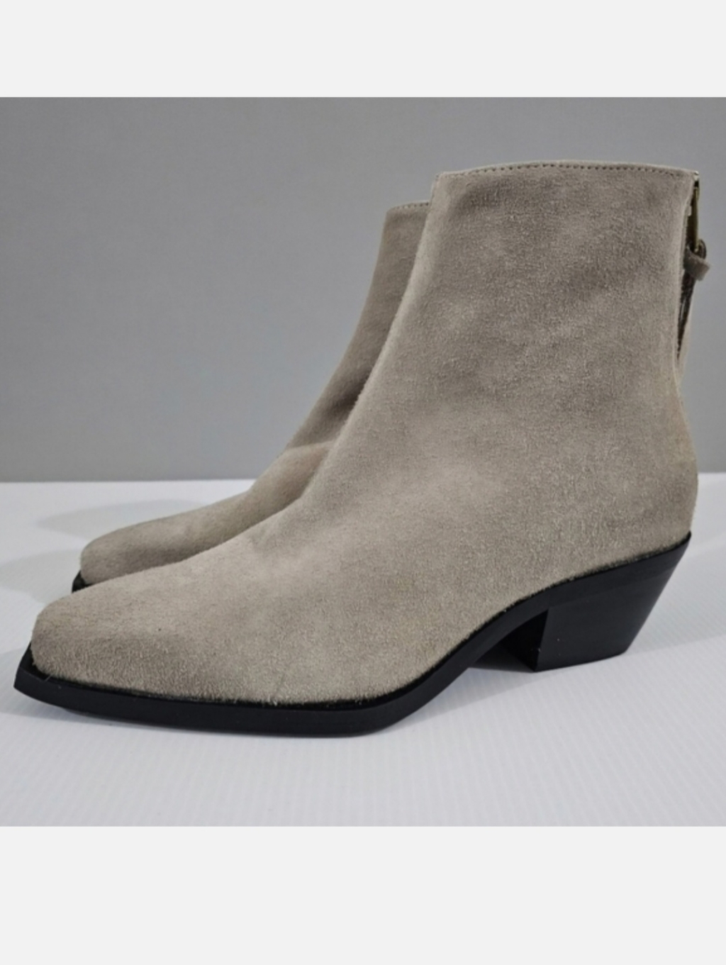 All Saints Lenora Goring Ankle Boot Women 7 Taupe Gray Suede Zip Up Low Heel New